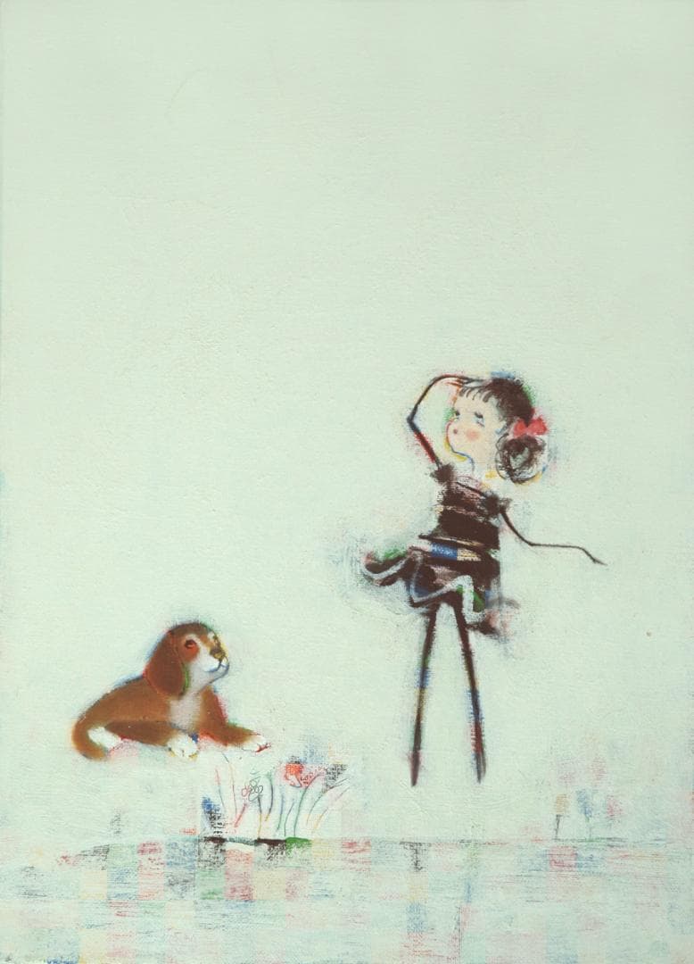 油絵 菅家令子 絵 絵画 インテリア額付(銀) F4-072319 子犬と女のこ