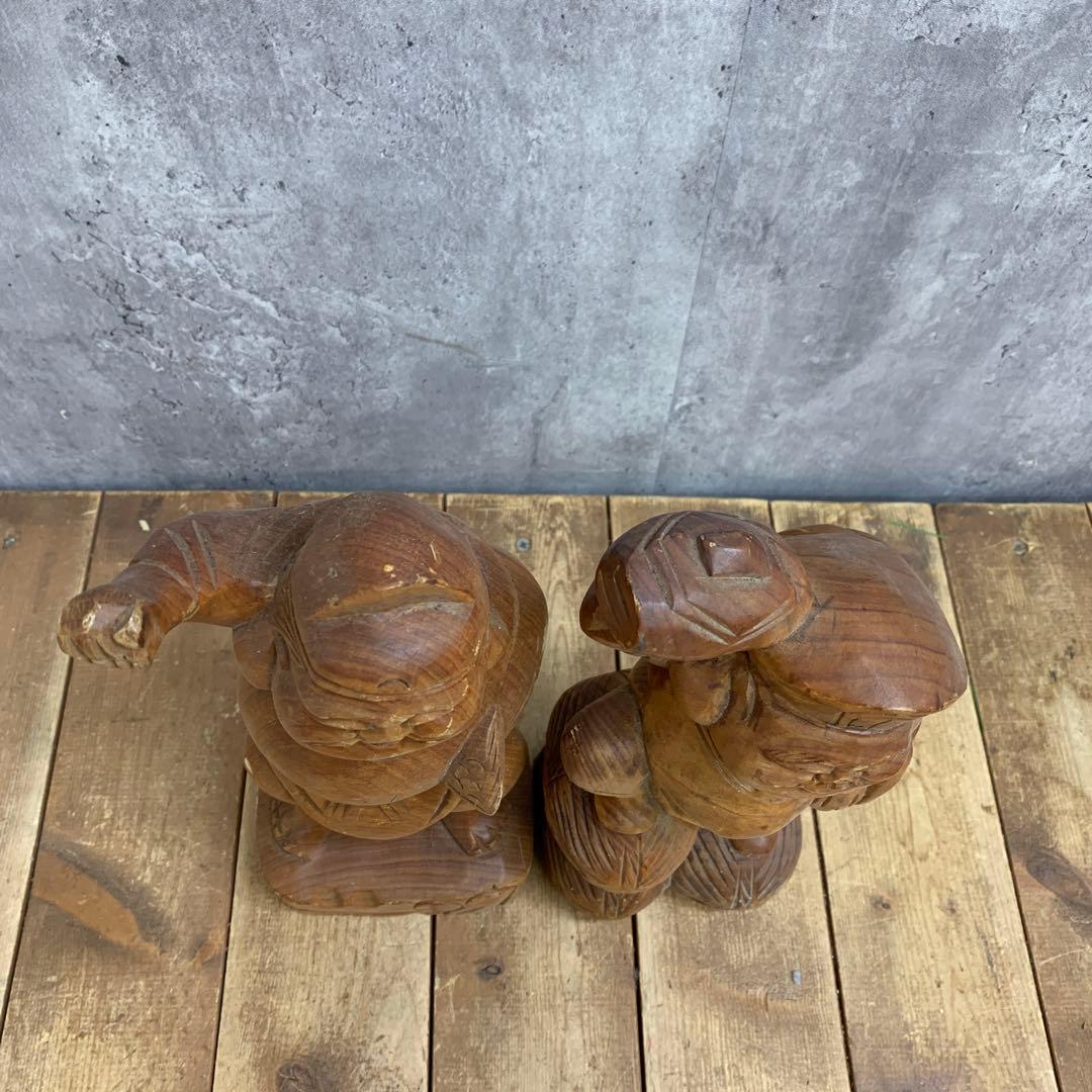 4F 【縁起物】木彫り 恵比寿 大黒天 2体セット 彫刻 置物