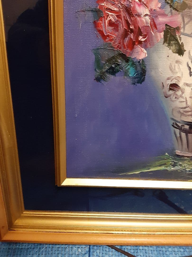 バラ 薔薇 花束 油彩画 金色フレーム 油絵　作者不明　花瓶