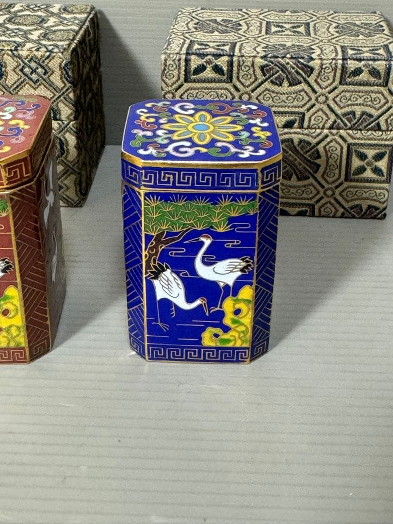 2161 七宝焼　景泰藍　鶴文　小物入れ　2客