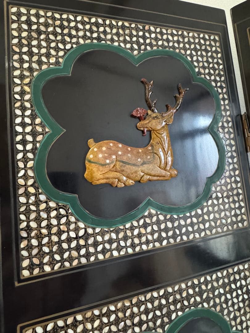 中国骨董　螺鈿細工　四曲屏風　衝立　アンティーク