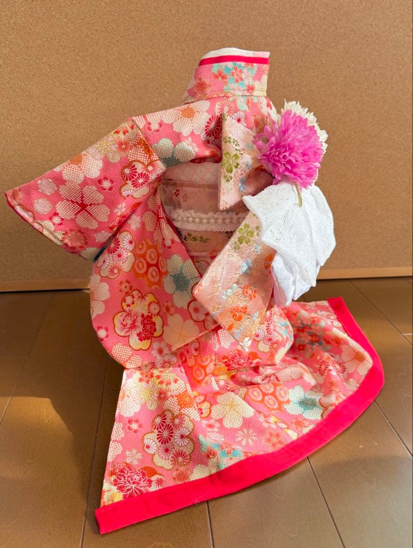 わんちゃん女の子　引きずり大振袖　ピンク花柄　Sサイズ