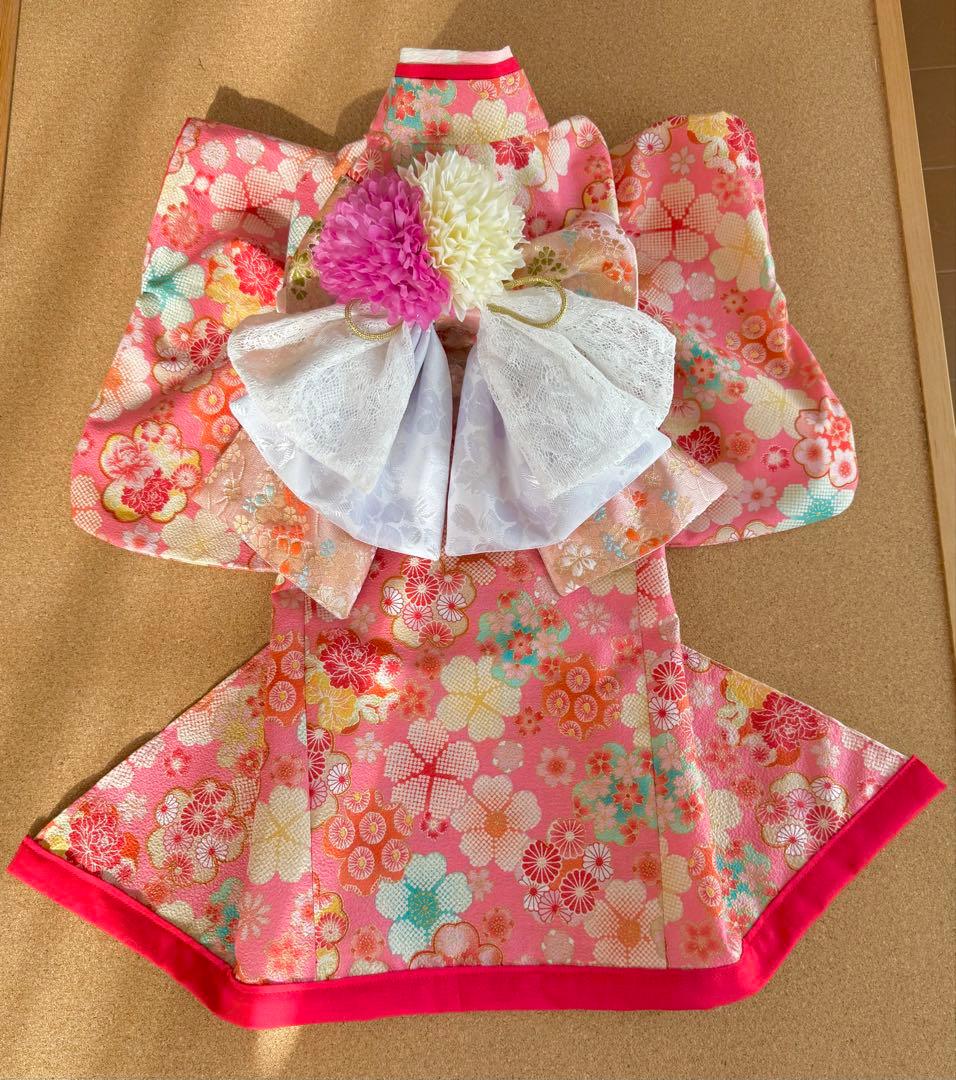 わんちゃん女の子　引きずり大振袖　ピンク花柄　Sサイズ