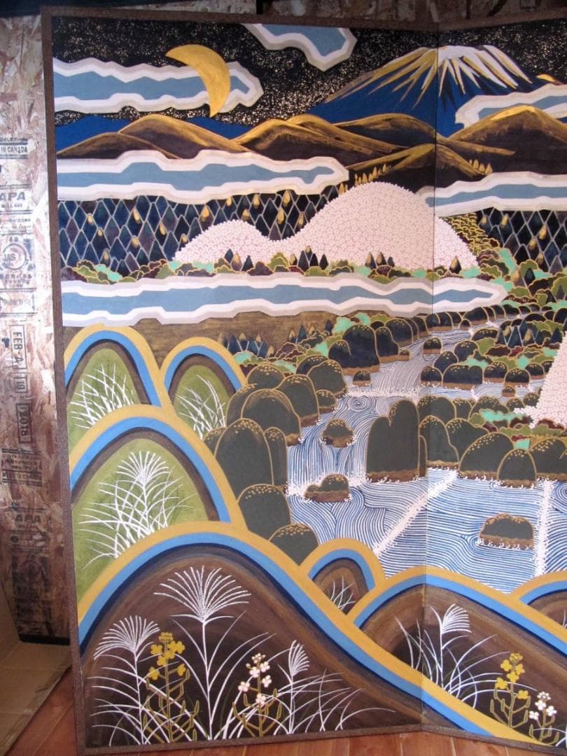 【屏風】岐阜県日本画 郷土画家・画人　後藤祥月・作/富士山と山々川/小振