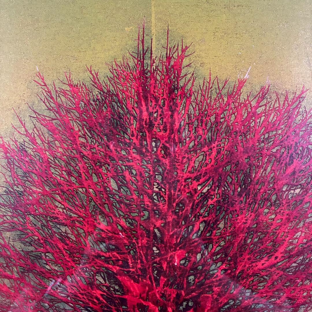 星襄一「梢（赤）」木版画 直筆サイン入り 1973年作 額縁入り 樹の木版画家