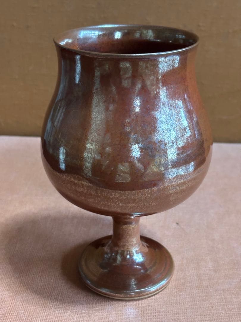 河井寛次郎作柿鉄釉足付大杯　検森の春の土　一点物