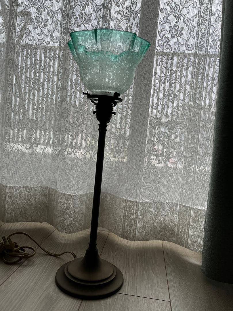 アンティーク　ガラスシェード　エッチング　グリーン