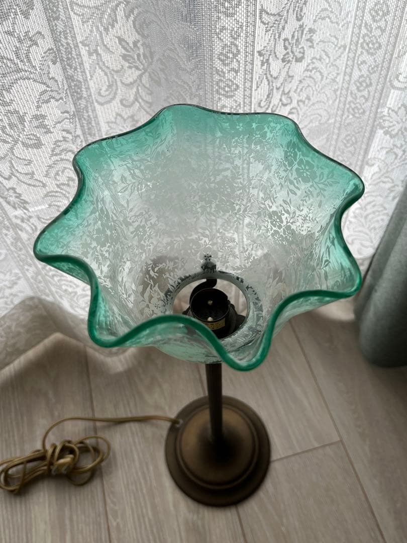 アンティーク　ガラスシェード　エッチング　グリーン