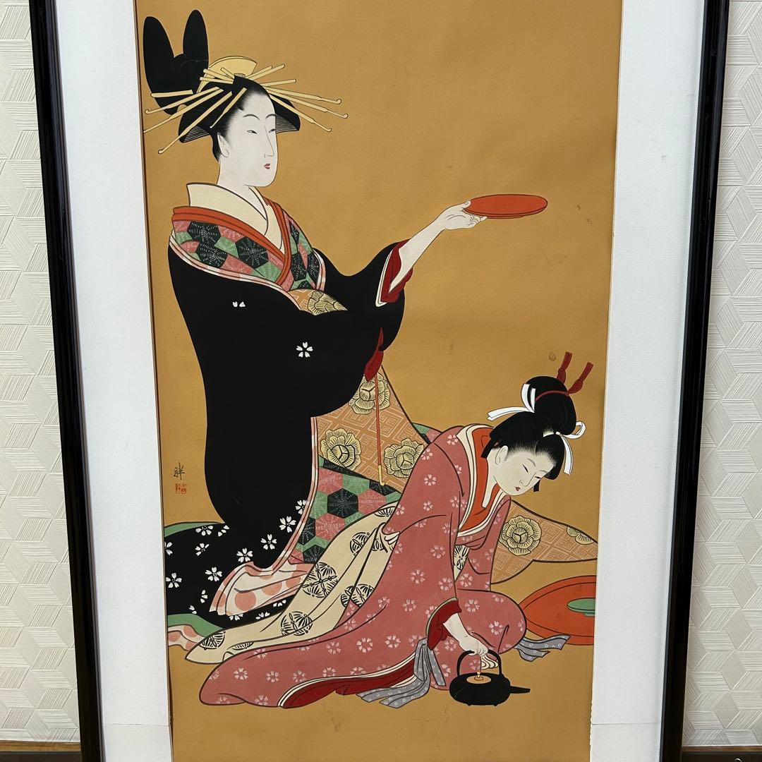 日本画 女性の姿 縦長 フレーム付き