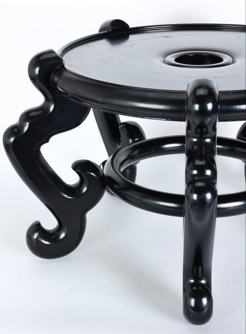 黒塗 飾り台 花台 壺台 木製 唐草脚 大型32.5cm 置台 盆栽台 古美術