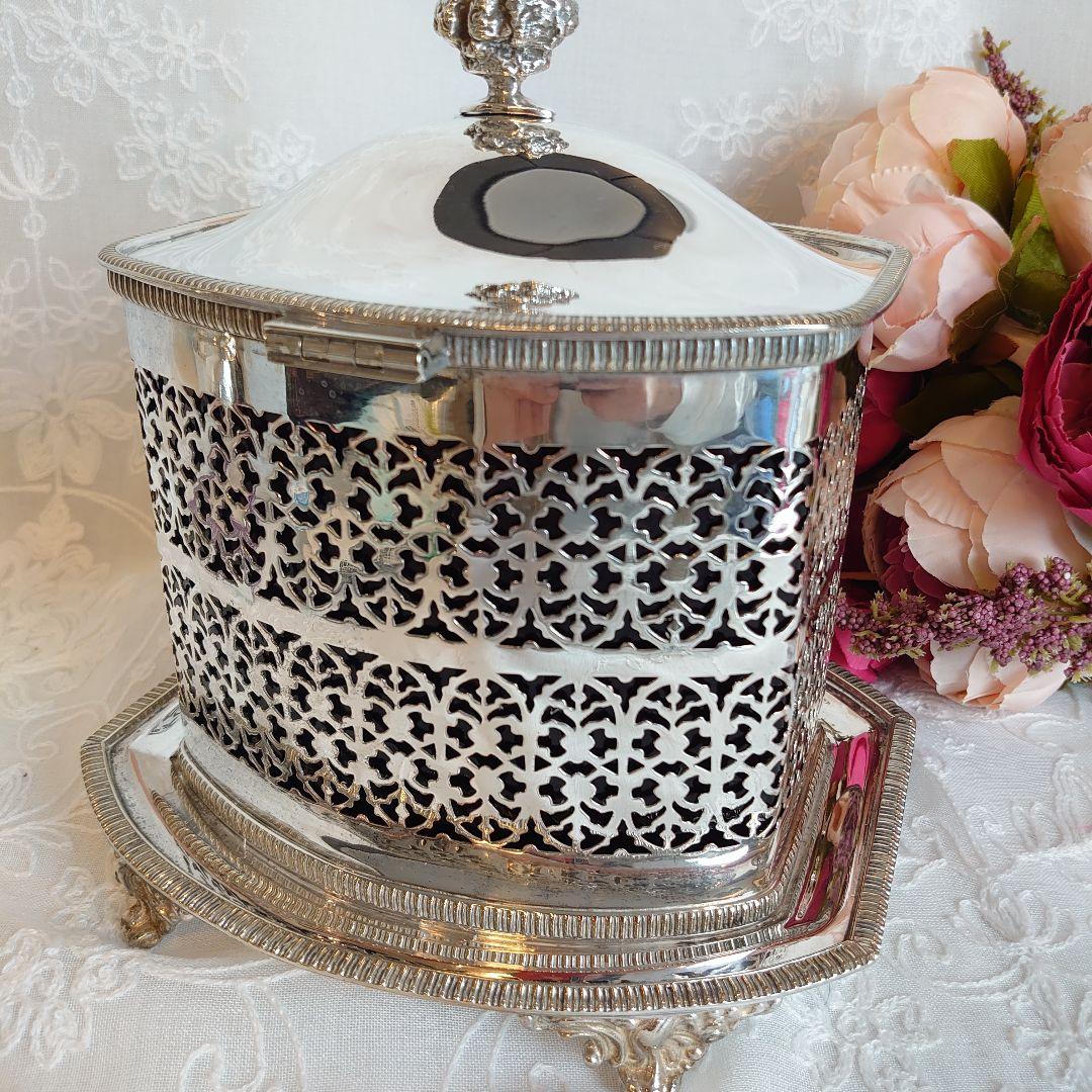 イギリス　アンティーク　ビスケットボックス　ビスケットジャー　シルバー