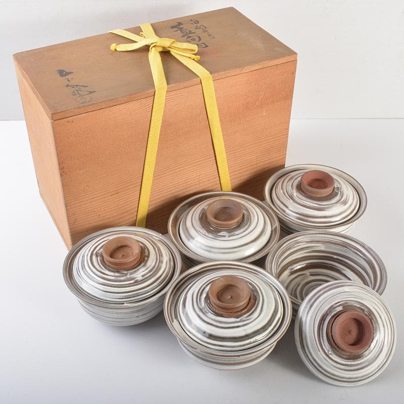 和食器　京焼　浅見五郎助　刷毛目　蓋向付　五客　共箱　V　R6729B