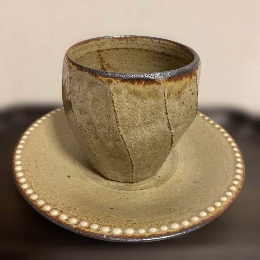 民藝　岩井窯　山本教行さん　灰釉　面取湯呑 & ソーサー