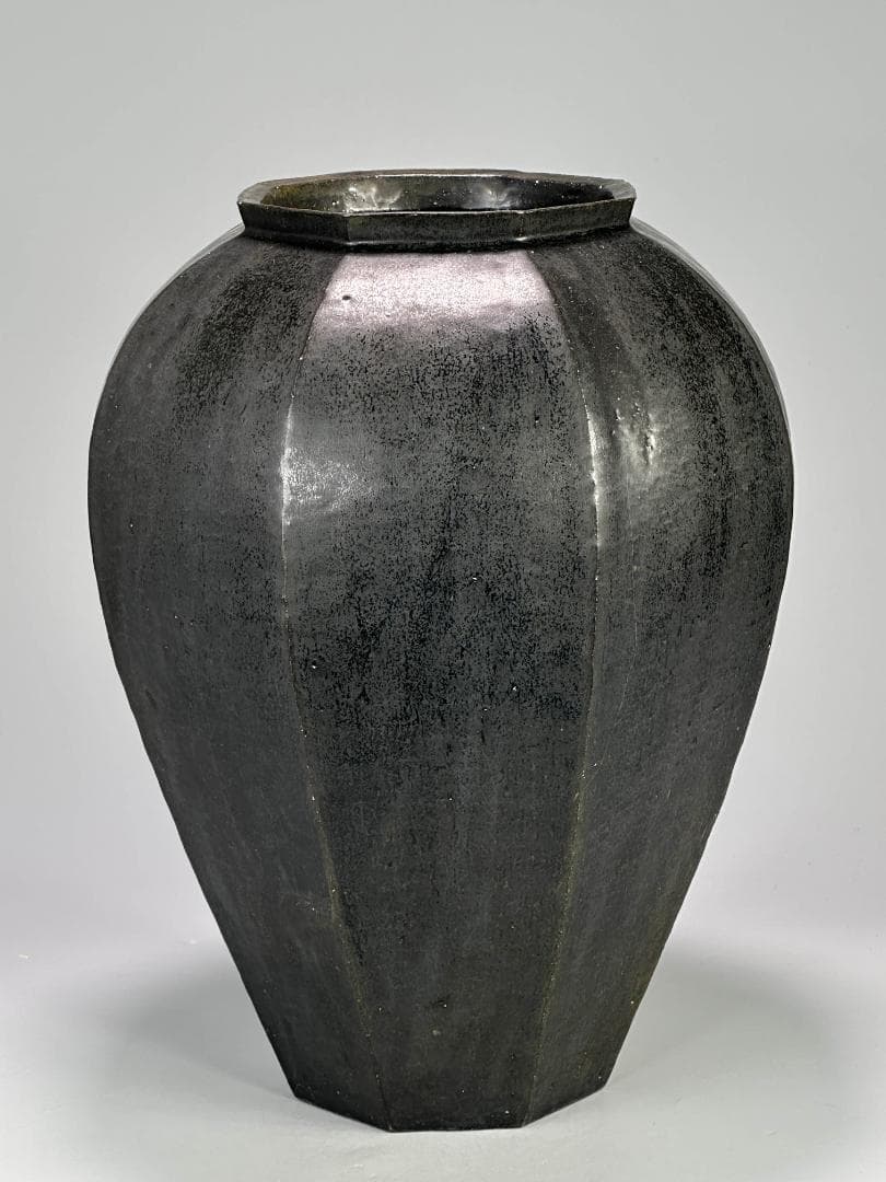 日本美術　矢野直人　黒唐津　花生　面取壺　美品　共箱　共布　本物保証