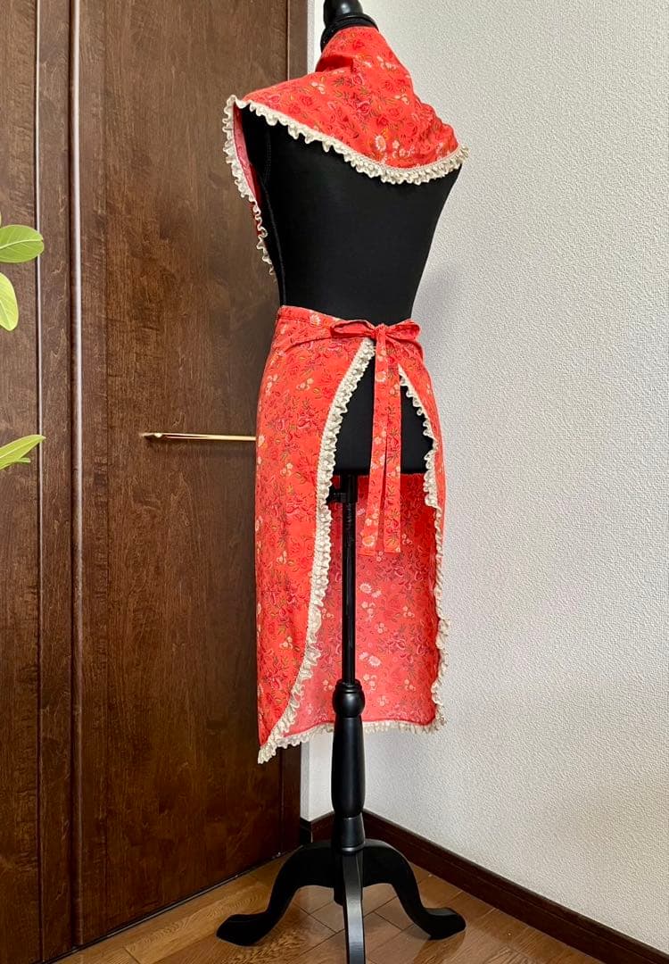 フラメンコ エプロン ロング丈 コーラルオレンジ花柄