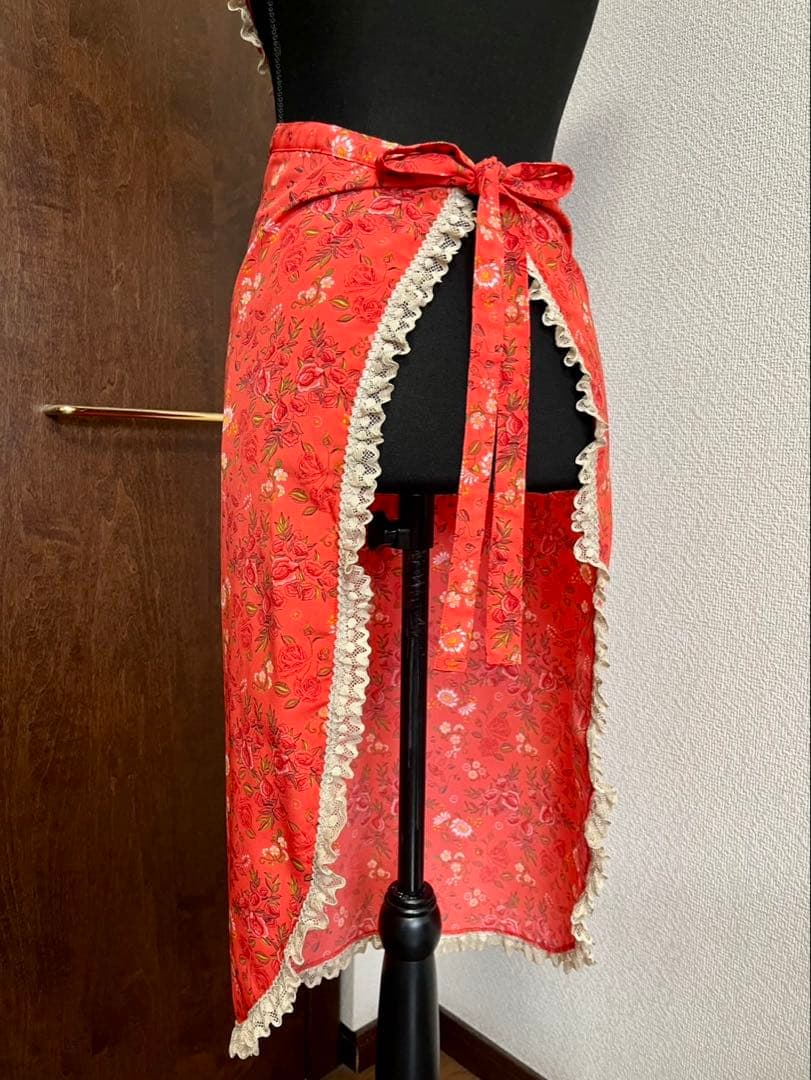 フラメンコ エプロン ロング丈 コーラルオレンジ花柄