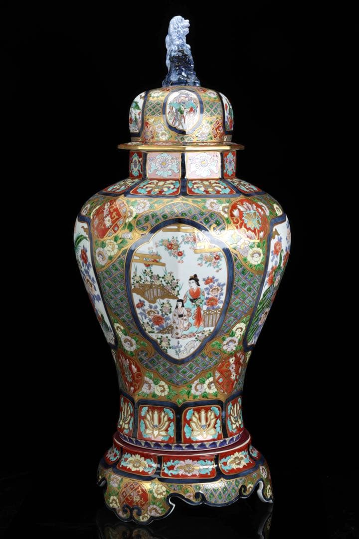 s*a様 有田焼 朱明窯 藤井朱明 染錦金彩獅子蓋孔雀図沈香壺 三段飾壺 特大9