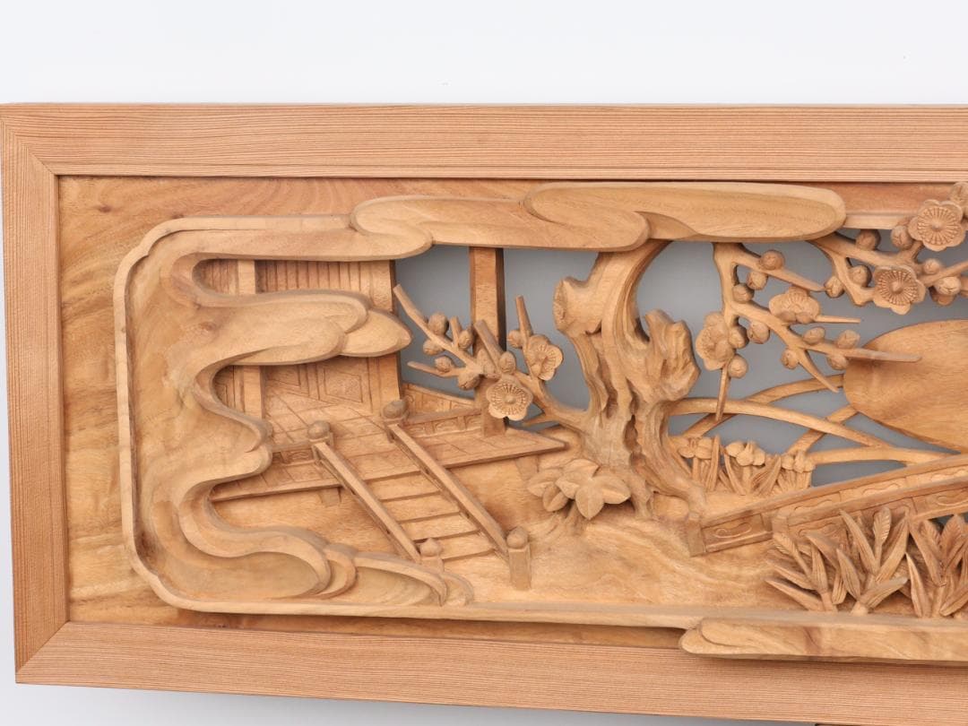 BK193　高級建具　井波彫刻 濱坂中義 作　書院　欄間　水鳥に庭園の図