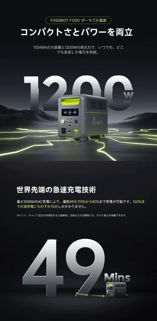 ポータブル電源 1200W リン酸鉄 4000回サイクル 1024Wh 大容量