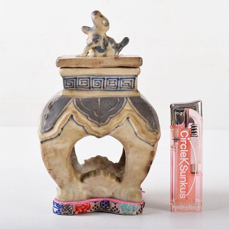 中国　青花　雷文　犬摘　四方香炉　時代箱付　M　R8380