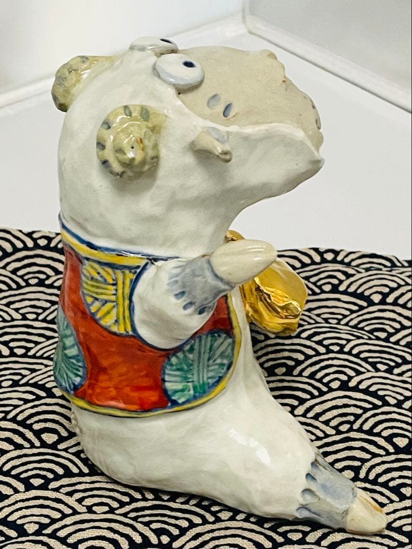 未使用品有田焼　童工房陶器 未の置物 屏風＊マット付き木箱付き