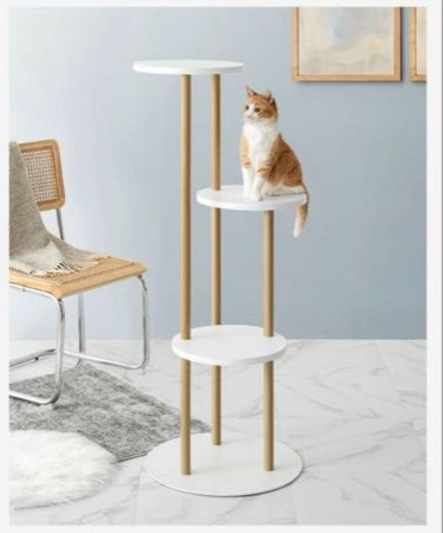 ホワイト 3段スリムキャットタワー　天然木