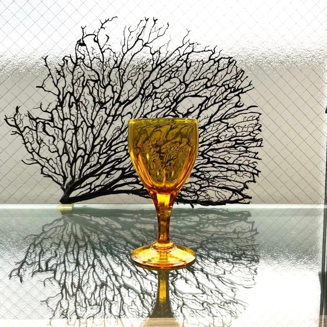 骨董　時代ガラス　希少鼈甲色　ライトアンバー飴色　オーバルカット　切子　ウラン