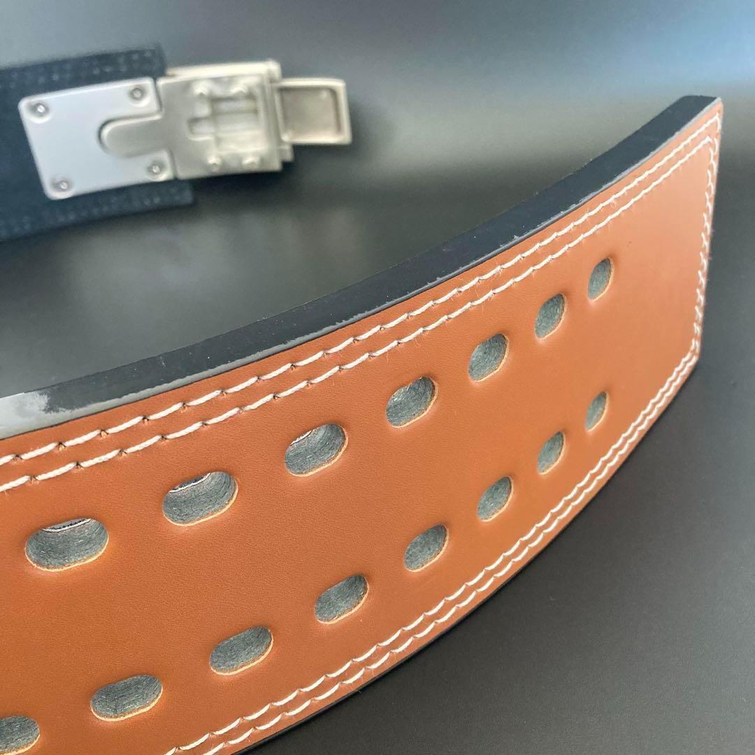 訳アリ パワーベルト レバーアクション 本革 ワンタッチ可変式 茶×光沢シルバー