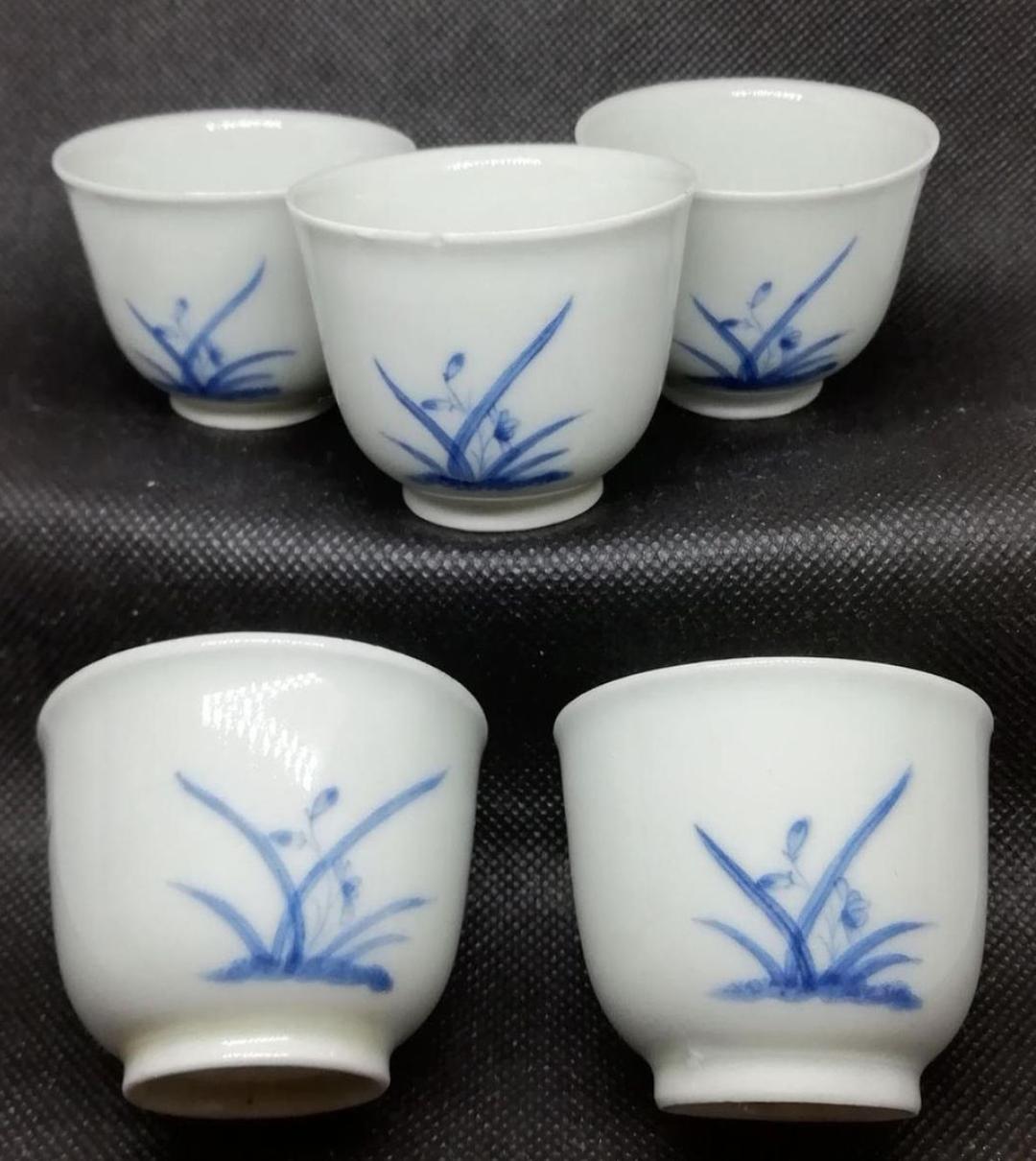 【お値下げ】骨董　煎茶茶碗　蘭の図（ぐい飲み）５客　ホツ有り