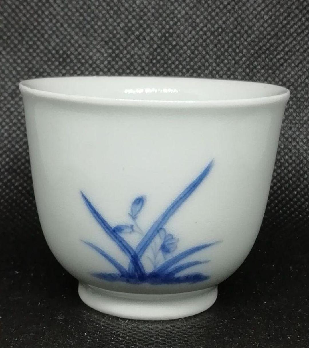 【お値下げ】骨董　煎茶茶碗　蘭の図（ぐい飲み）５客　ホツ有り