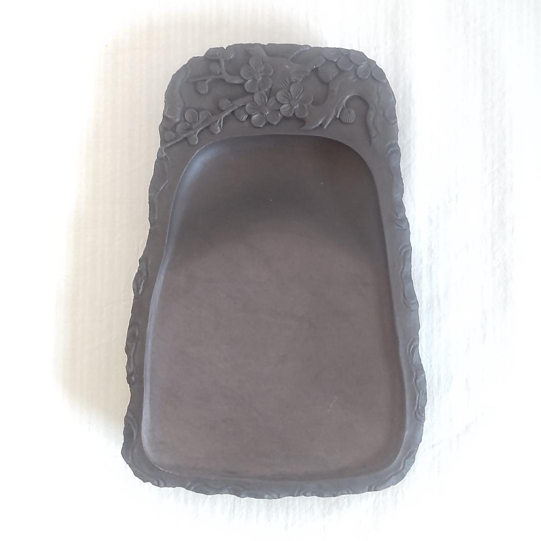 【未使用】中国高級 端渓名硯 書道具 梅 ウグイス？ 箱付き