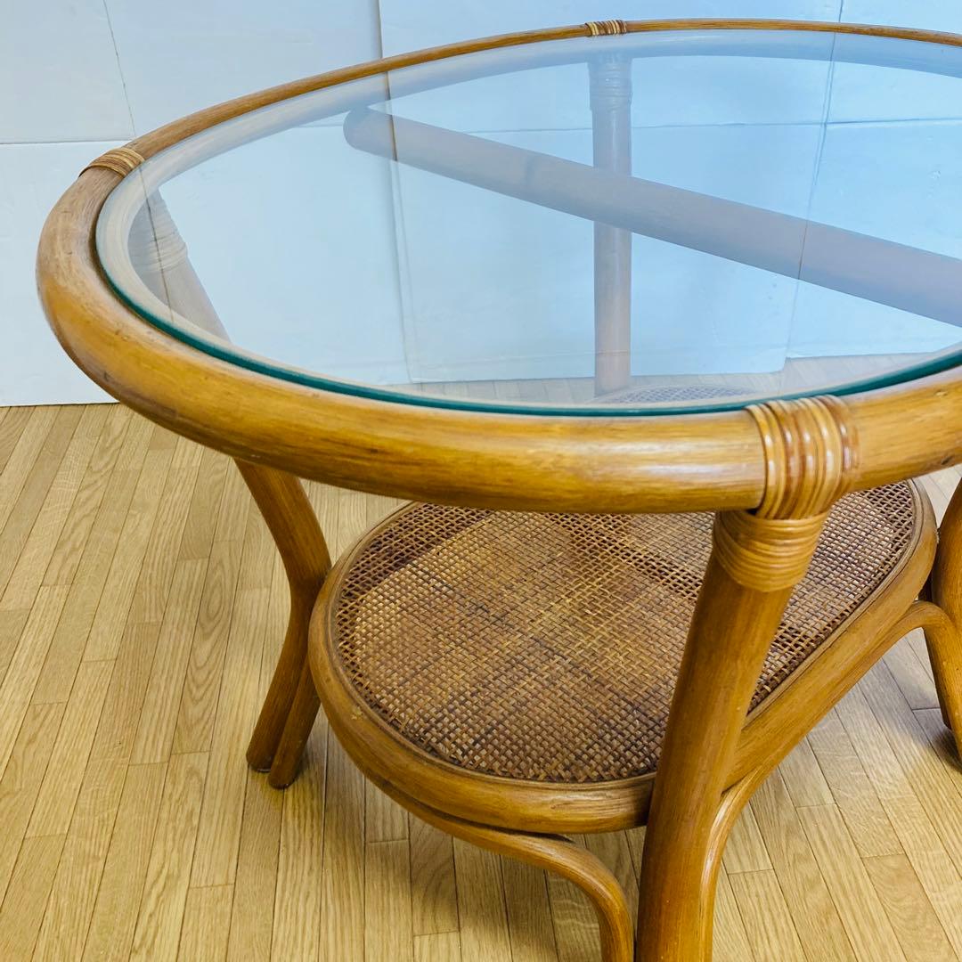 ヴィンテージ　ラタン　ガラス　天然素材　ローテーブル　ガラステーブル
