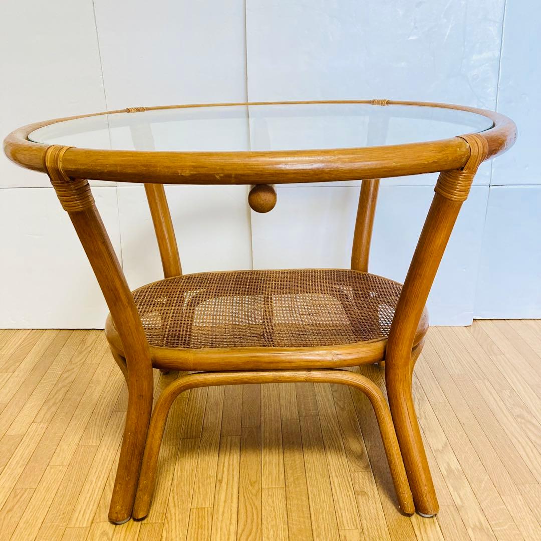 ヴィンテージ　ラタン　ガラス　天然素材　ローテーブル　ガラステーブル