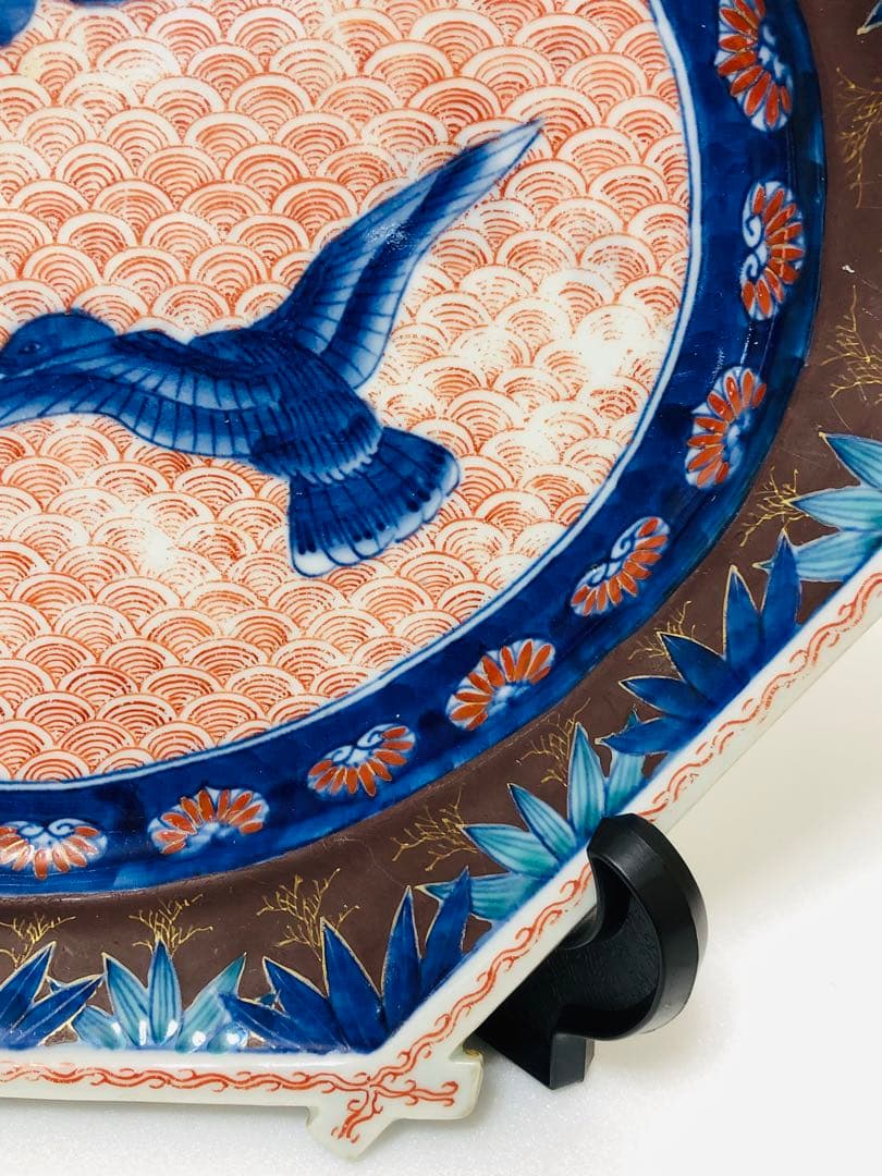 明治初期 香蘭社 色絵褐地青海波鳥竹文 ブラックホーソン六角大皿