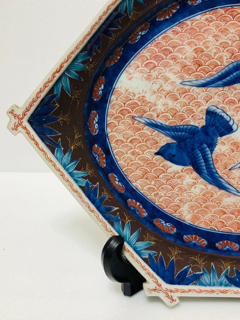 明治初期 香蘭社 色絵褐地青海波鳥竹文 ブラックホーソン六角大皿