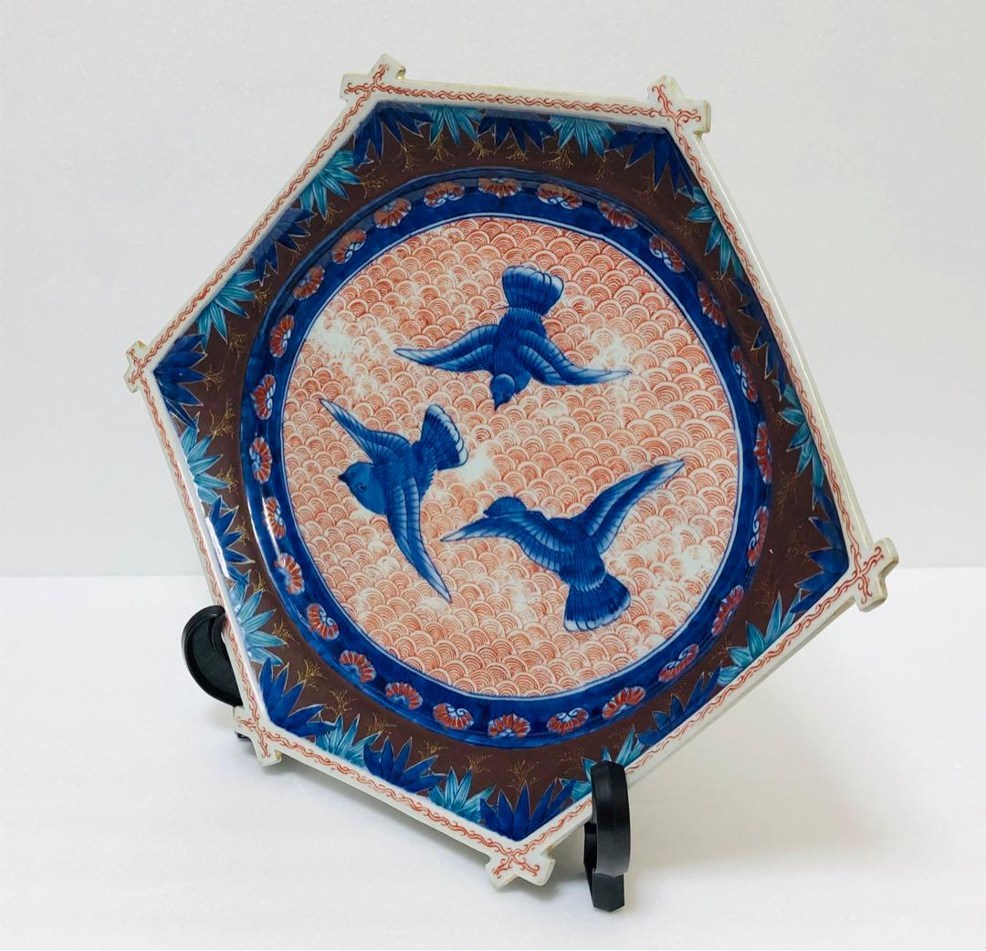 明治初期 香蘭社 色絵褐地青海波鳥竹文 ブラックホーソン六角大皿