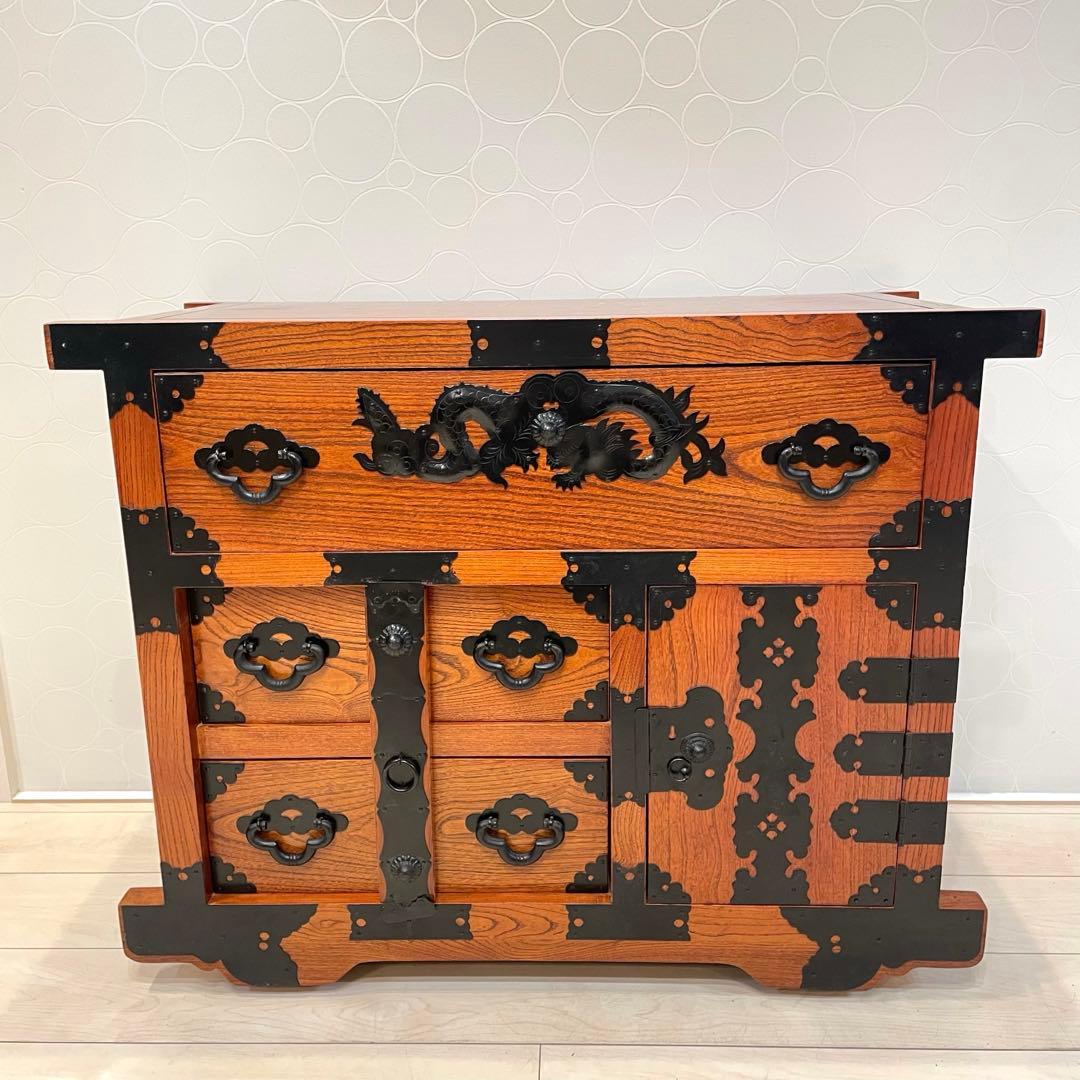 【美品】時代箪笥 車箪笥 和箪笥 龍金具 無垢材 民芸家具 レトロ アンティーク