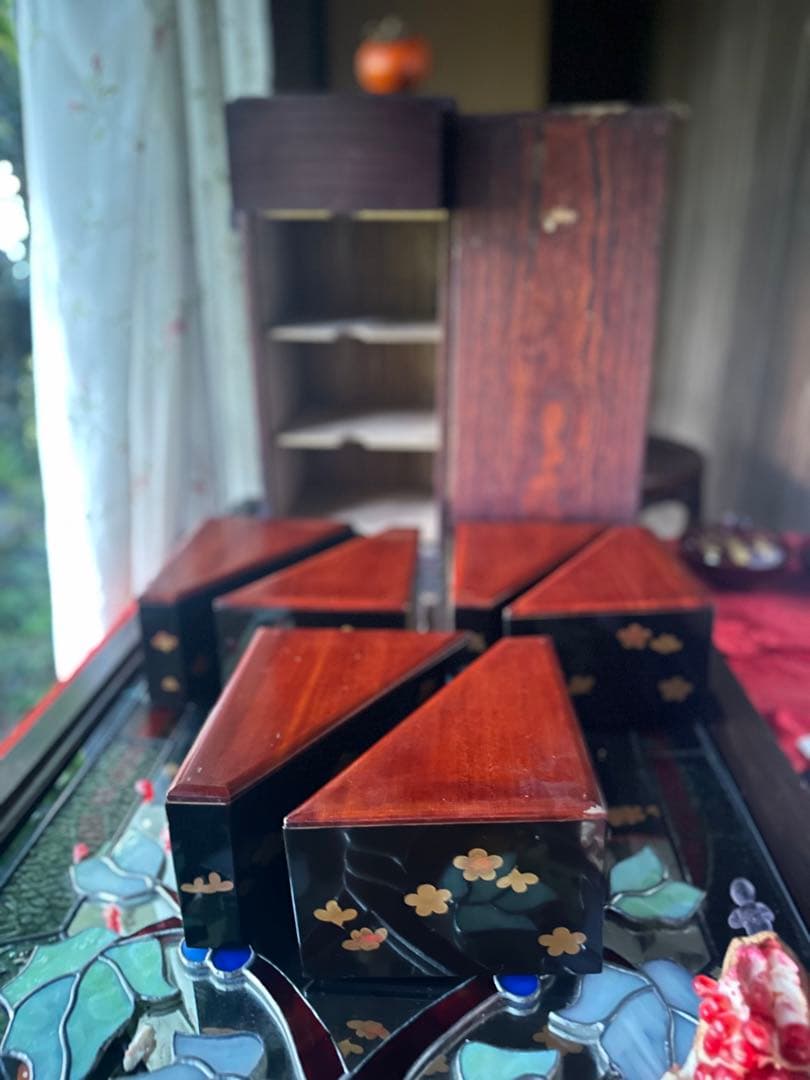 2213様感謝‼️総欅JAPAN蒔絵梅六点大名道具絵替り組子野弁当三対