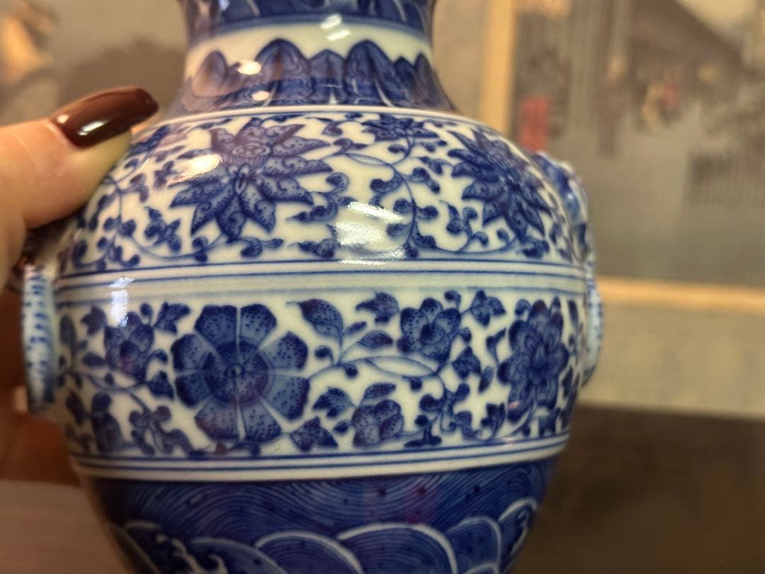 染付雙耳小壺 大清乾隆年製 清花瓶 箱付 中國古美術 高 15cm