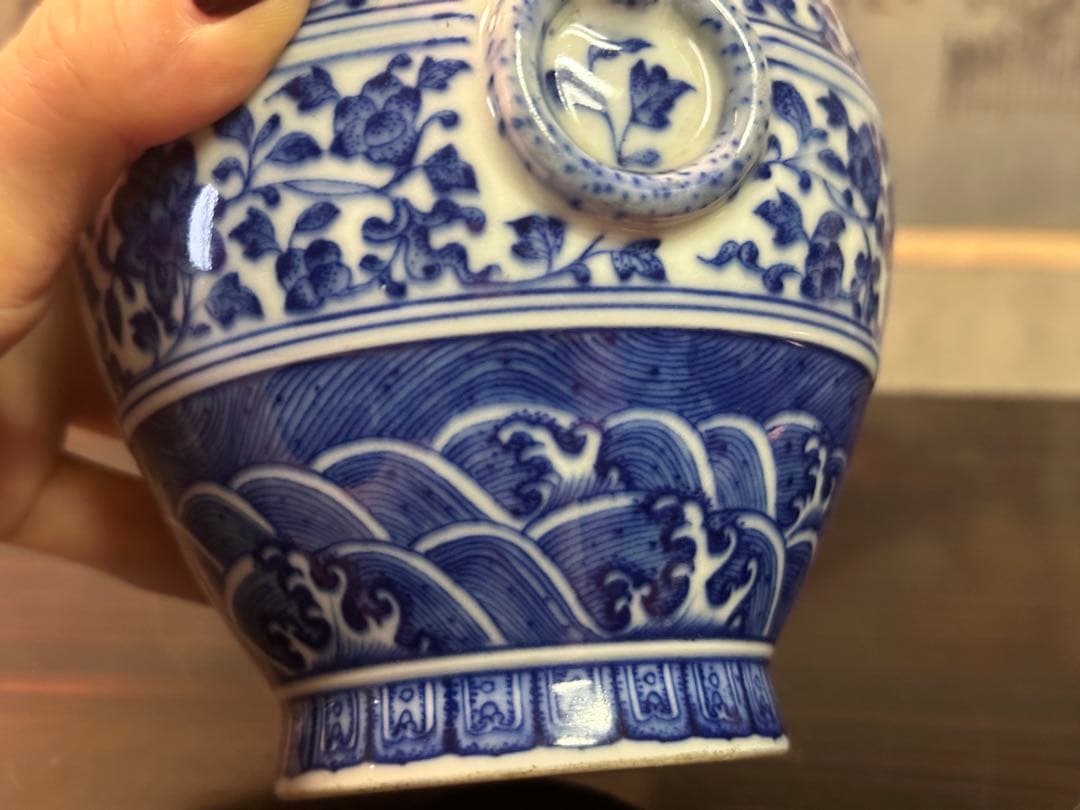 染付雙耳小壺 大清乾隆年製 清花瓶 箱付 中國古美術 高 15cm