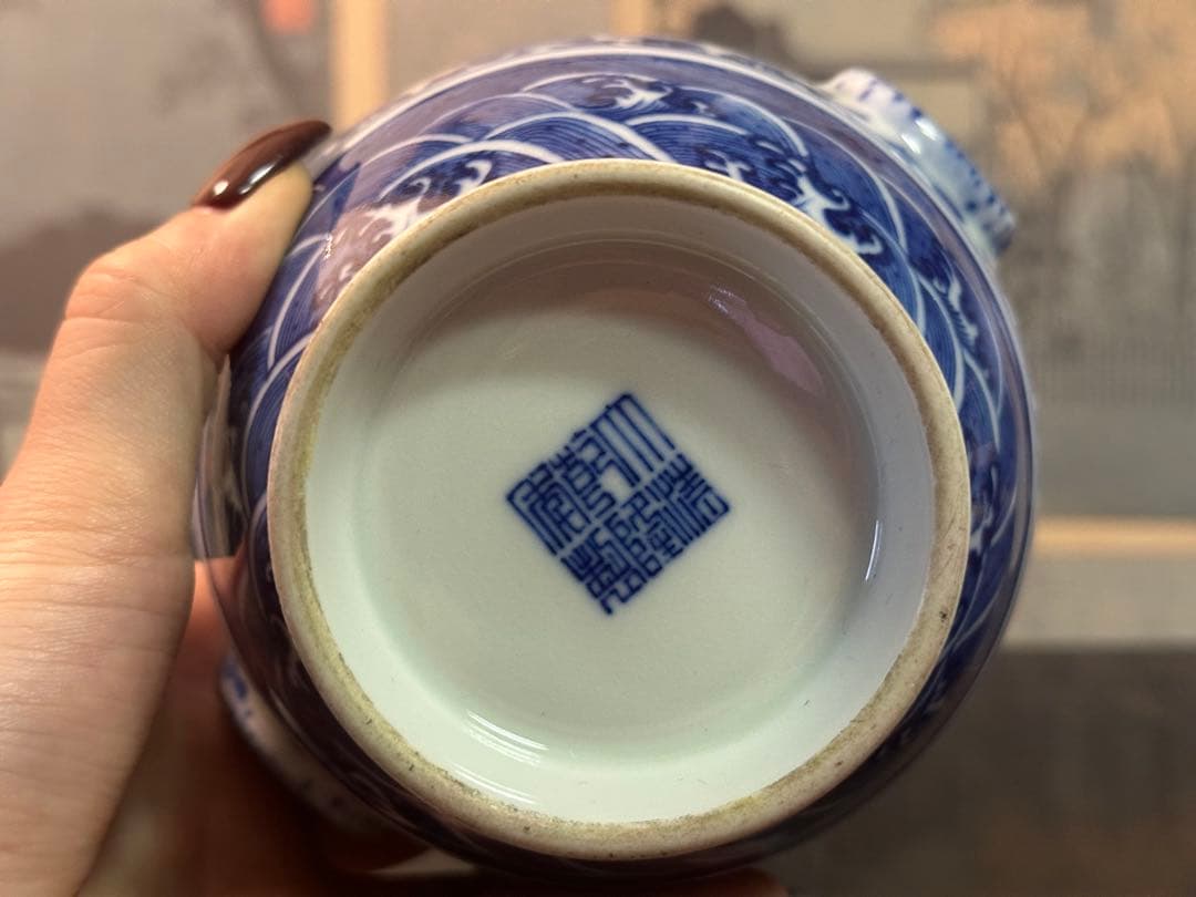 染付雙耳小壺 大清乾隆年製 清花瓶 箱付 中國古美術 高 15cm