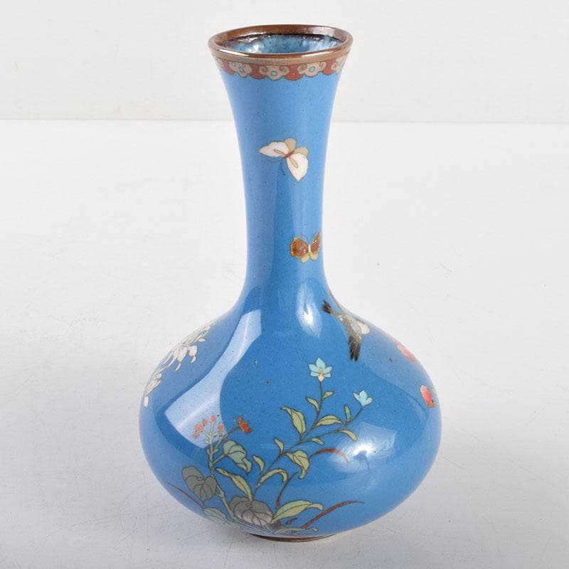 中国　古七宝琺瑯彩　花鳥文瓶　時代箱付　U　R4899