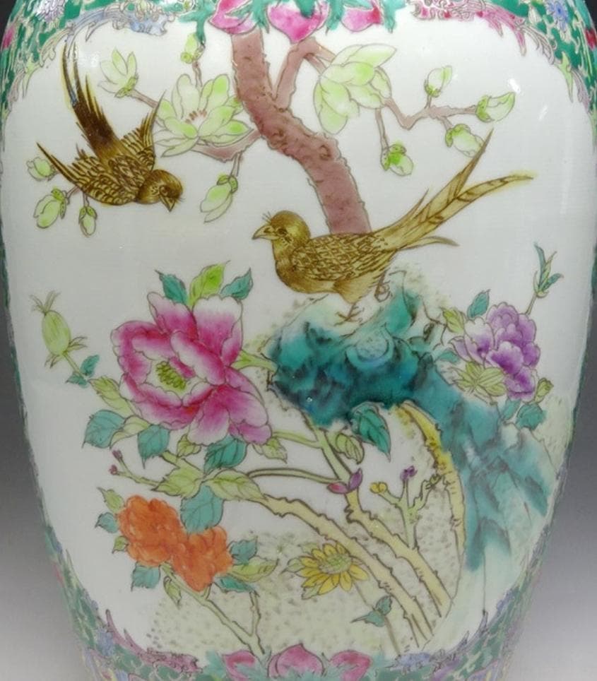 中国古玩 大清乾隆年製 粉彩 花鳥図 花瓶 高約35cm 時代物 c06101