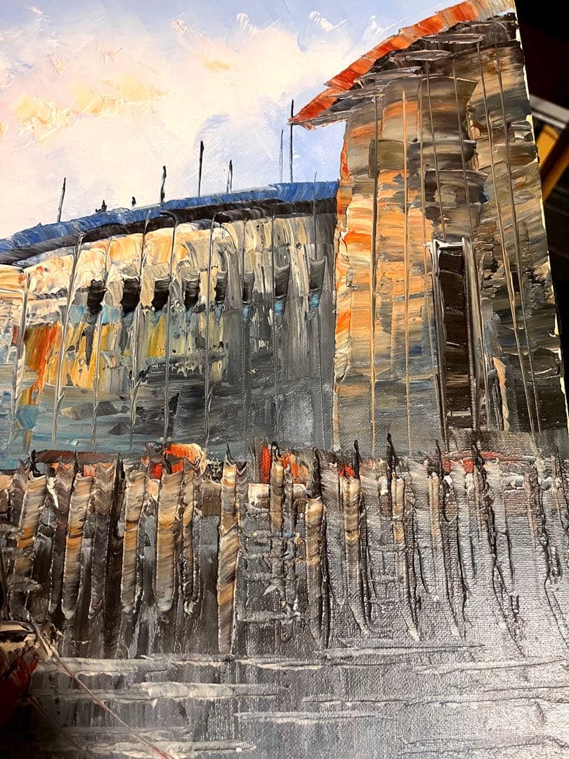 世界堂　額　豪華　額縁付き　油彩絵 船 風景 絵画　肉筆　サイン　アンティーク