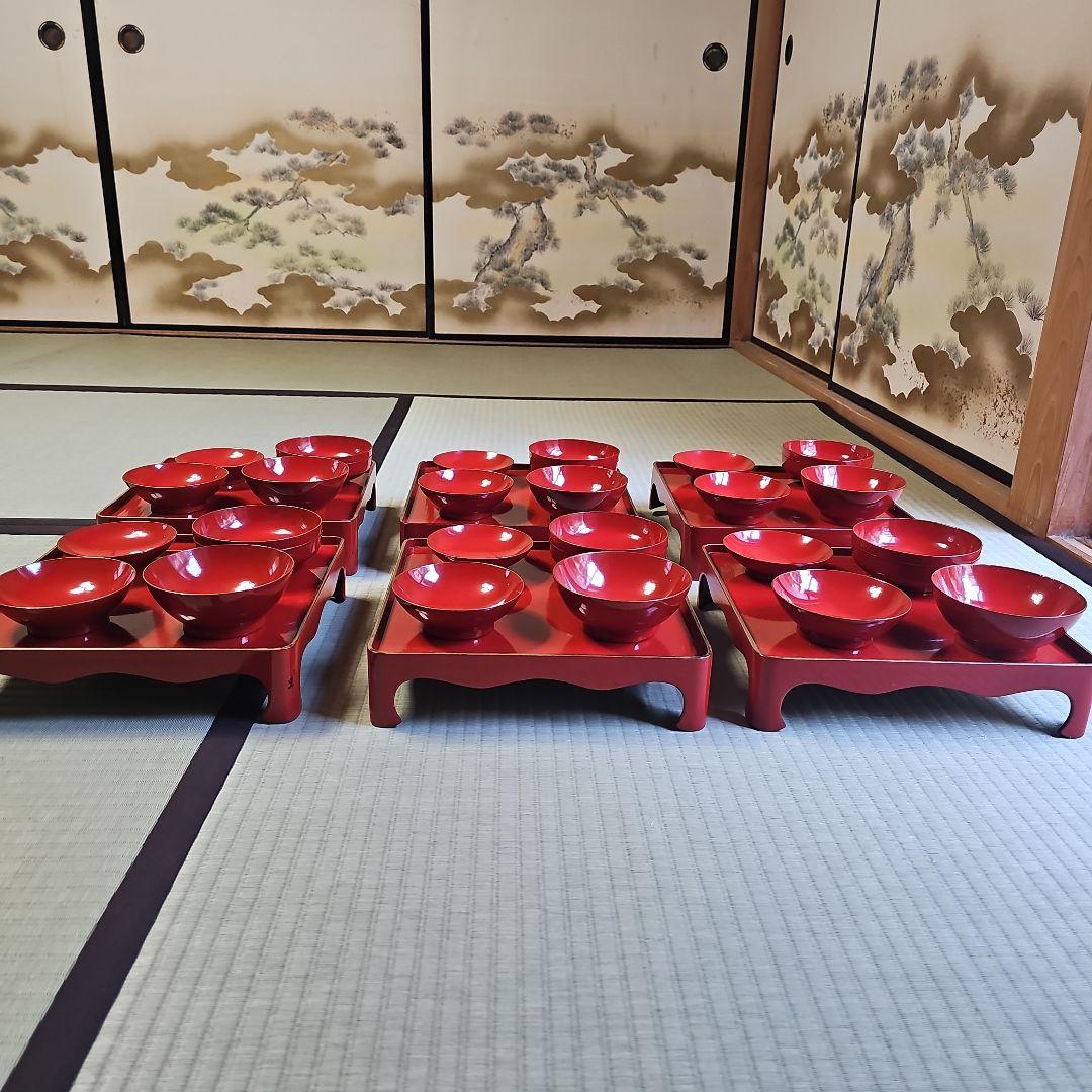 昭和レトロ/1950年代前半物】赤漆塗り お膳セット 金縁 会席膳 茶懐石6客