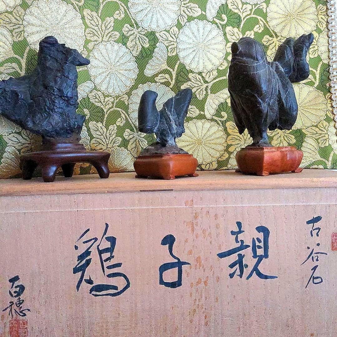 【最終価格】紀州名産　古谷石　銘、親子鶏　　谷本百穂箱書付　水石　盆石