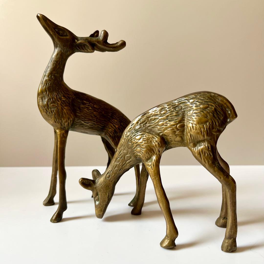 金属　真鍮　鹿　ペア　置物　中