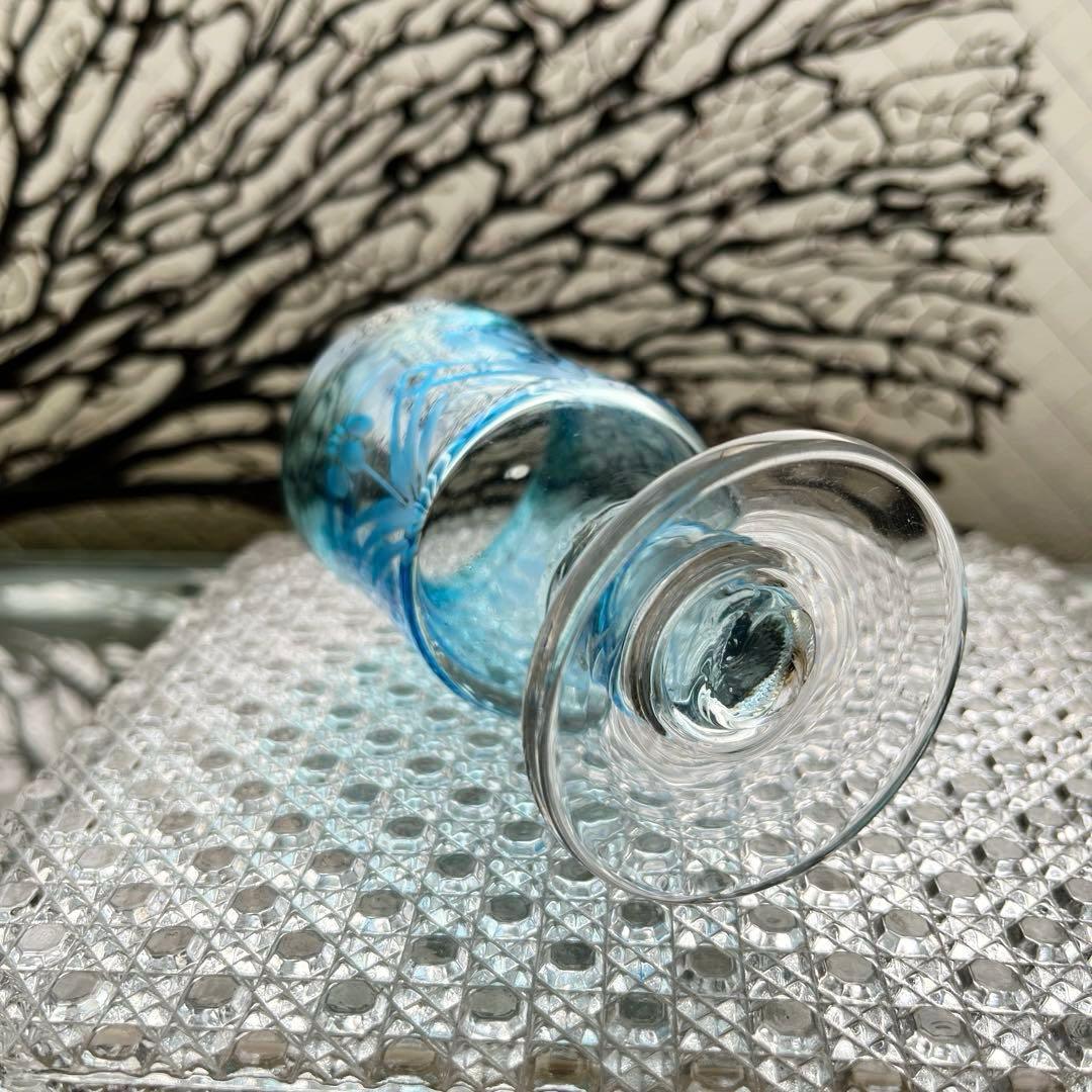 骨董　時代ガラス　青被せ　希少　菖蒲紋切子　ベル型氷コップ　ウラン１客