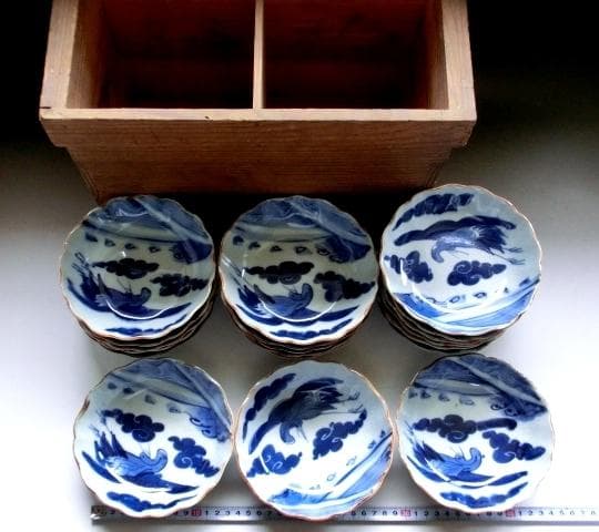 皿■古伊万里染付なます皿 19客 鶴 雲 鳥 蛇の目高台 古い膾皿 骨董品■