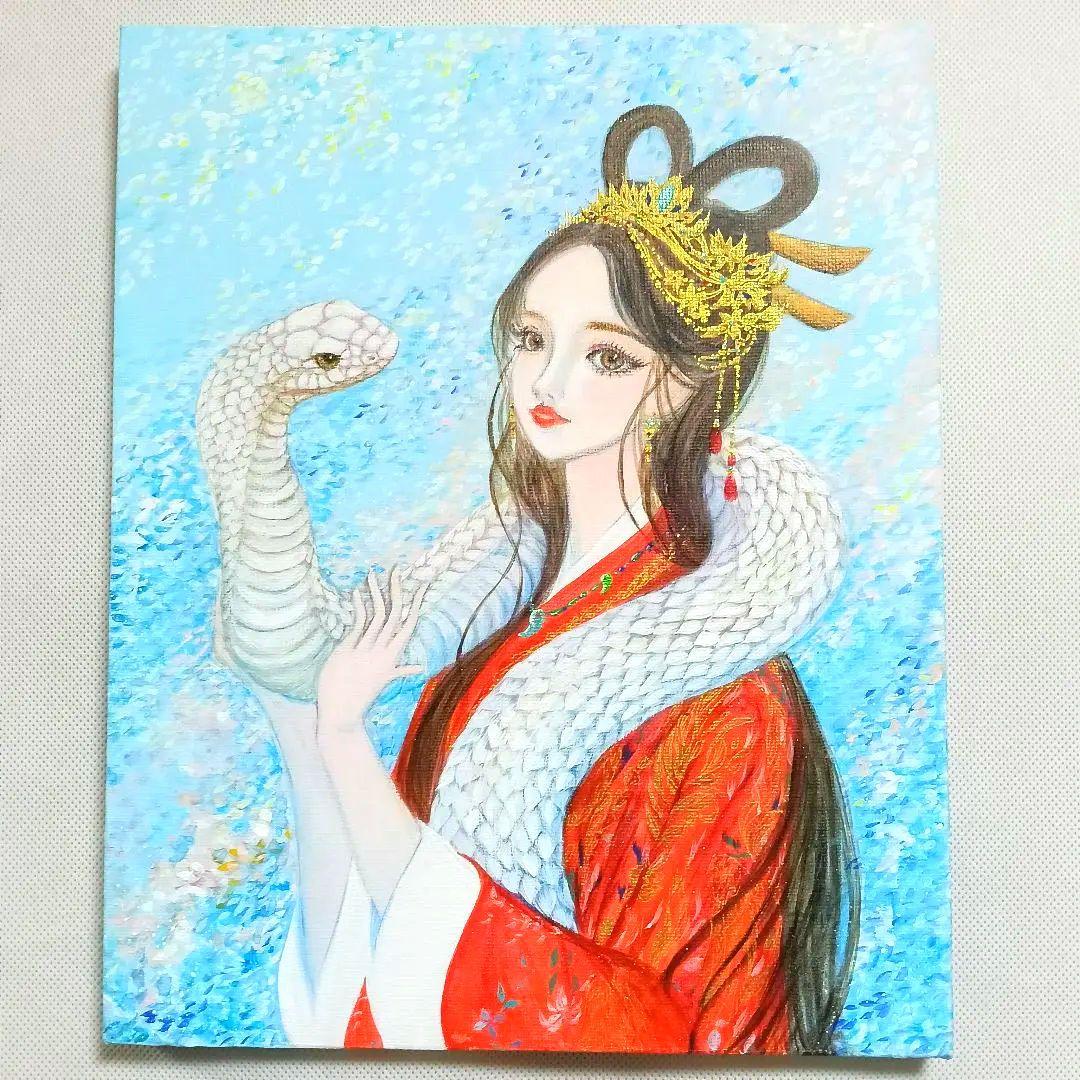 No.550 アクリル画　弁財天　白蛇　弁天様　蛇の絵　開運絵画　原画